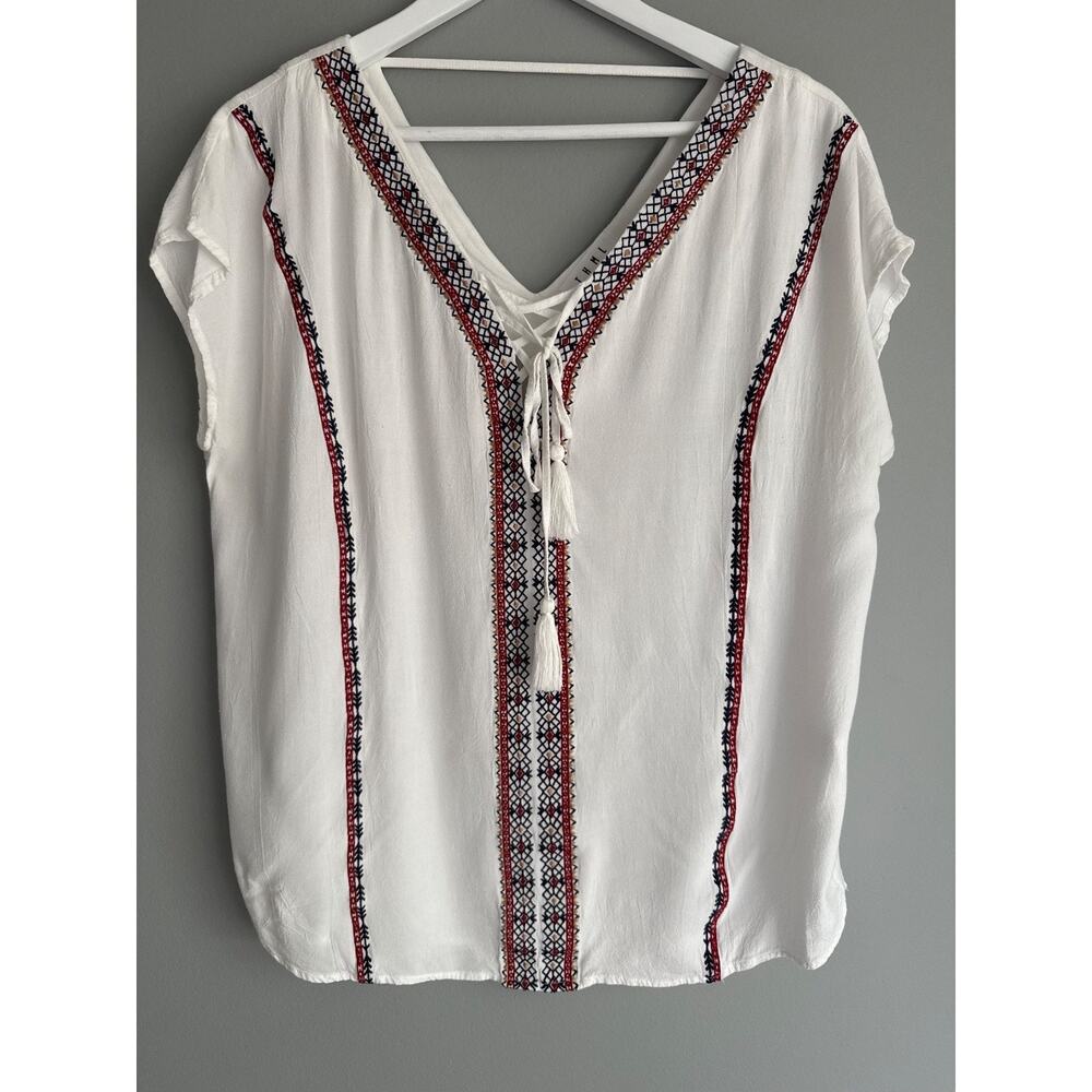 THML Womens L White Embroidered Boho Top Tassel Tie V-Neck 100% Rayon Cap Sleeve